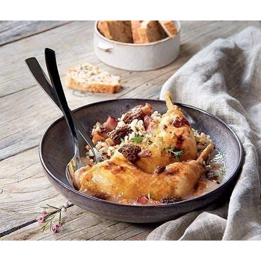 Legs of farm poultry with cream and morels main product photo